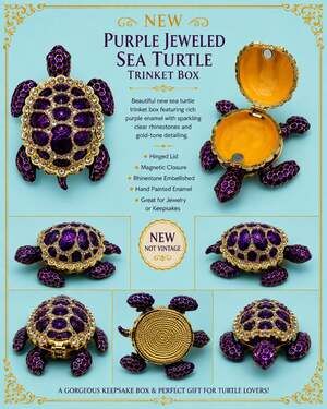 Purple Jeweled Sea Turtle Hinged Trinket Box with Enamel and Rhinestones